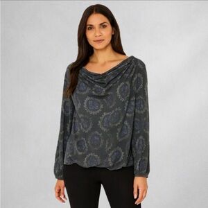 Free People Floral Blouse XS Top Ballon Sleeve Oversized Drape Cowl neck